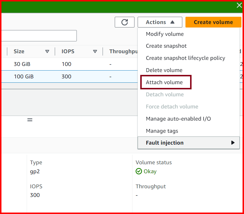 Picture showing the Attach Volume menu option for attaching the volume with EC2 instance